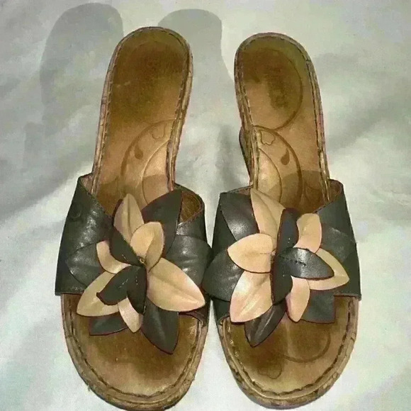 Born B08104 Flower Brown Leather Slip On Cork Wedge Slide Sandals Women's Size 8 - Picture 2 of 12